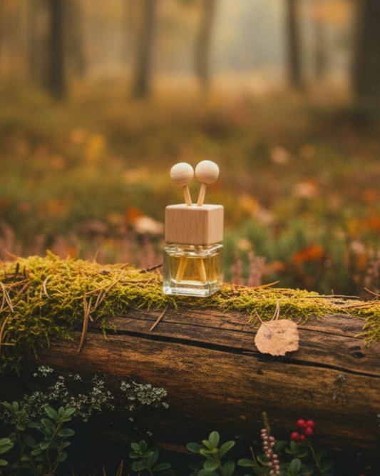 Small glass bottle with wooden cap on a log in a forest setting